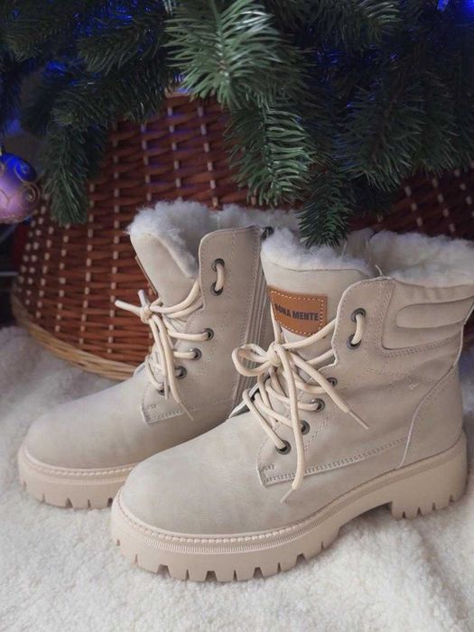 Жіночі зимові черевики стиль Timberland | Шкіра + овчина