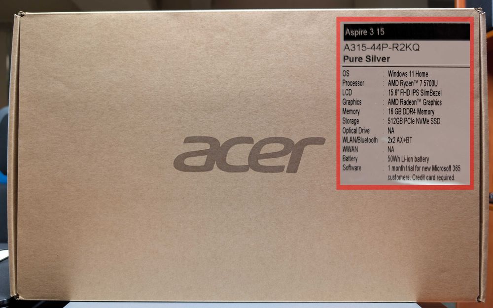 Laptop Acer Aspire A315-44P/15.6/AMD R7-5700U-4.3GHz/16GB/SSD512/Win11