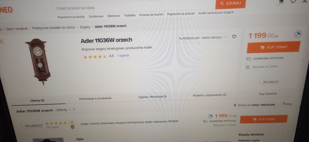 Nowy zegar drewniany ADLER 11036W cena nowego 1200zl