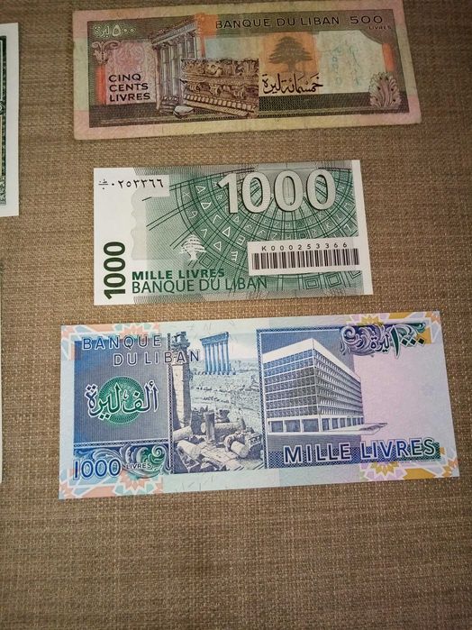 LÍBANO, 6 Notas 5 Não Circuladas 10, 100, 250, e 2 de 1000 e 1 BC 50