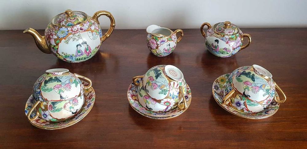 Serviço de chá porcelana chinesa figuras femininas e motivos florais