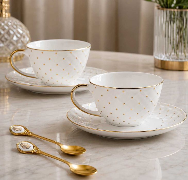 Conjunto de 2 Chávenas de Porcelana e 2 Colheres
