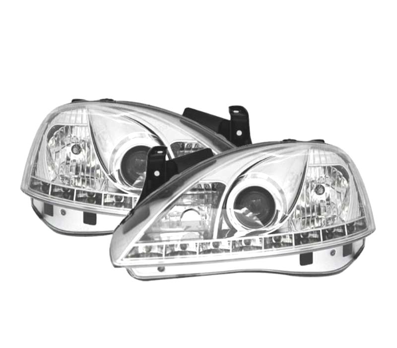 FARÓIS FRONTAIS PARA OPEL CORSA C LUZ DIURNA LED 00-06 FUNDO CROMADO