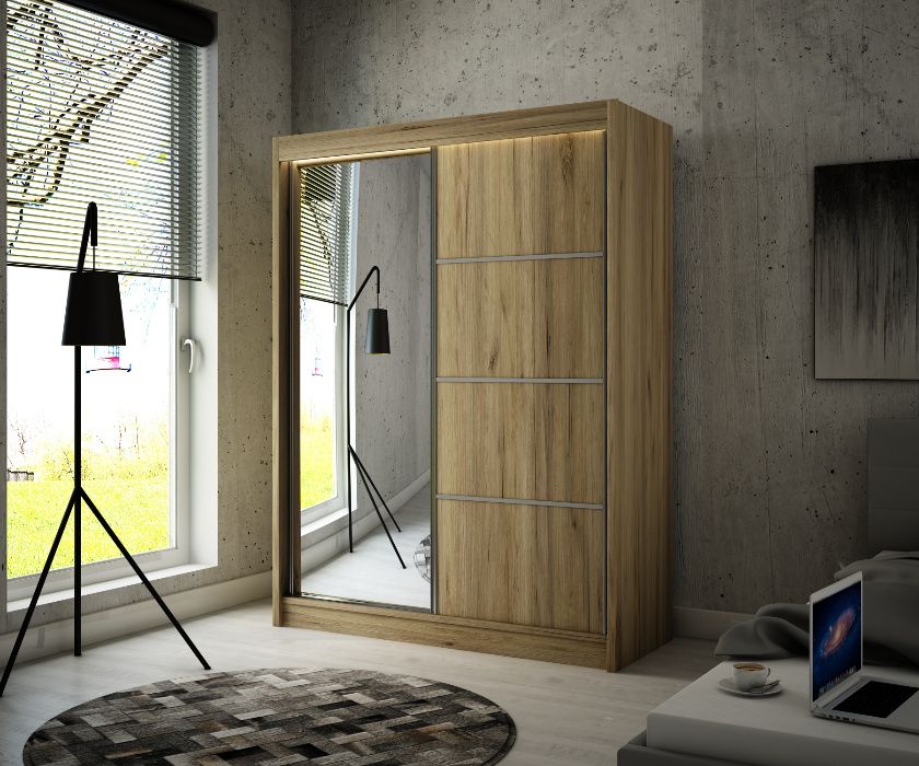 Duża szafa PIANO 200 przesuwna z Lustrem Dąb Craft Złot Darmowa Dostaw