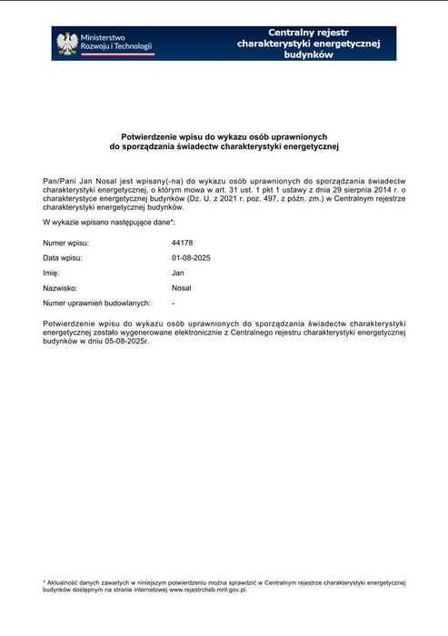 1.5zł za 1m2 !    Świadectwo charakterystyki energetycznej ŚChE i PChE