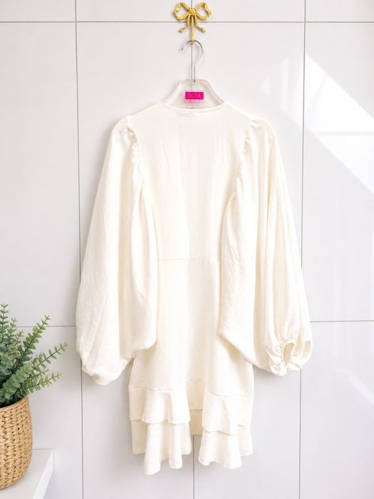 Zwiewna sukienka ecru boho falbany uniwersalna S-XL