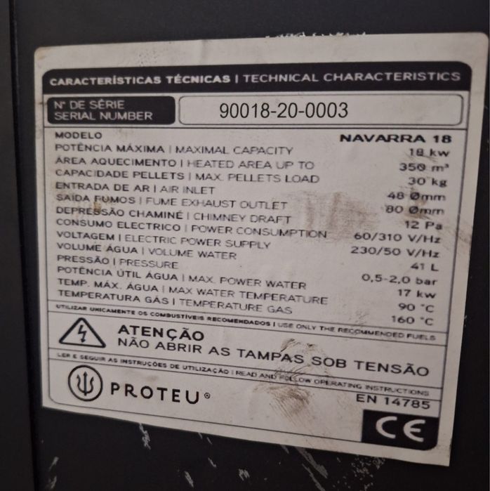 caldeira a pellets, marca Proteu, modelo Navarra 18.