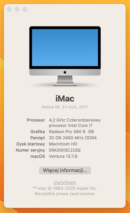 iMac 27” Retina 5K 2017 i7 4,2 GHz / 32 GB RAM / Radeon Pro 580 8 GB