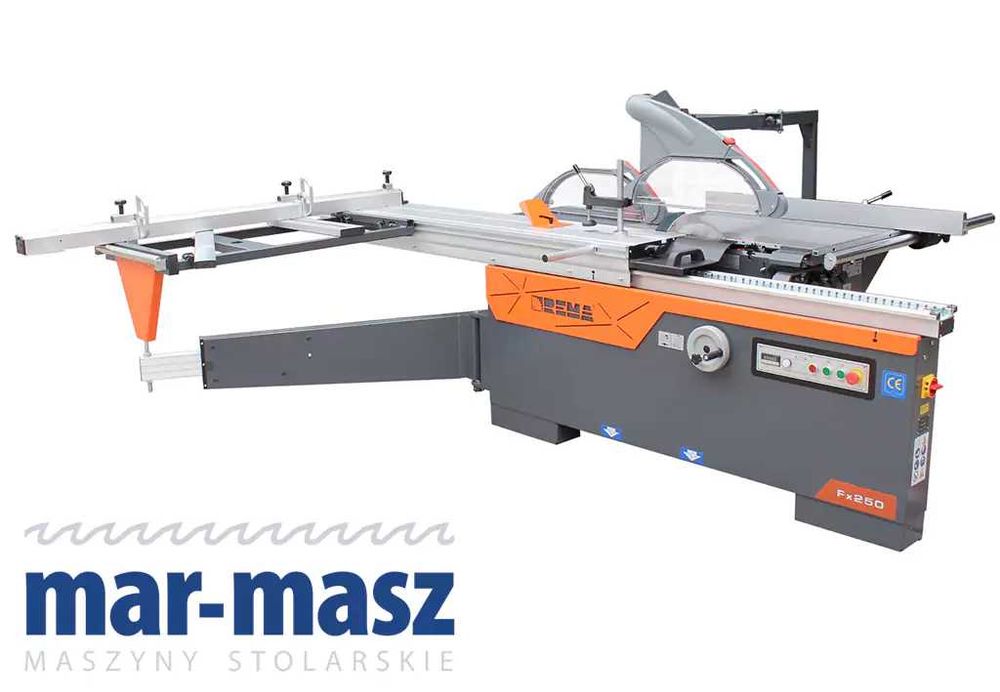 Piła formatowa, formatówka z podcinakiem Rema Fx250 2600mm z kapturem i wysięgnikiem, silnik główny 4 kW, na magazynie
