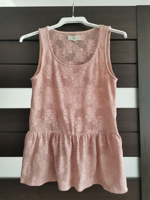Bluzka top Zara 38 koszulka koronka baskinka pudrowa różowa