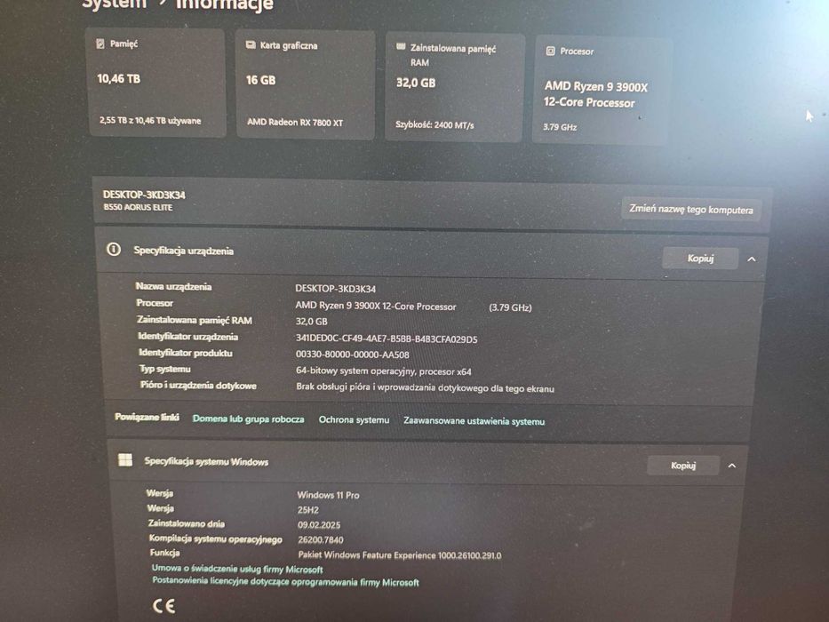 AMD Ryzen 9 3900x, 32GB RAM, płyta gł. Gibabyte