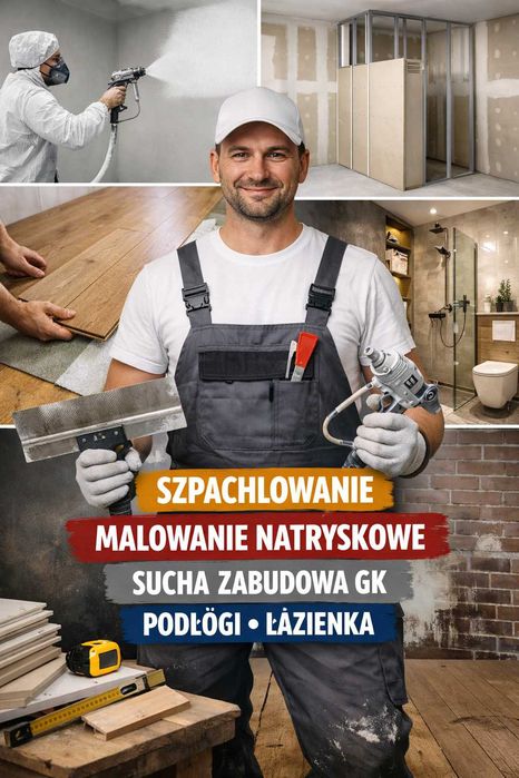 Szpachlowanie, malowanie natryskowe sucha zabudowa GK podłogi łazienki