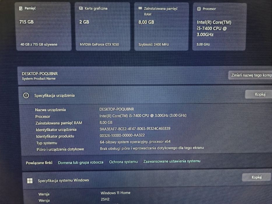 Kompter stacjonarny / i5 / GTX 1050 / 2 x SSD