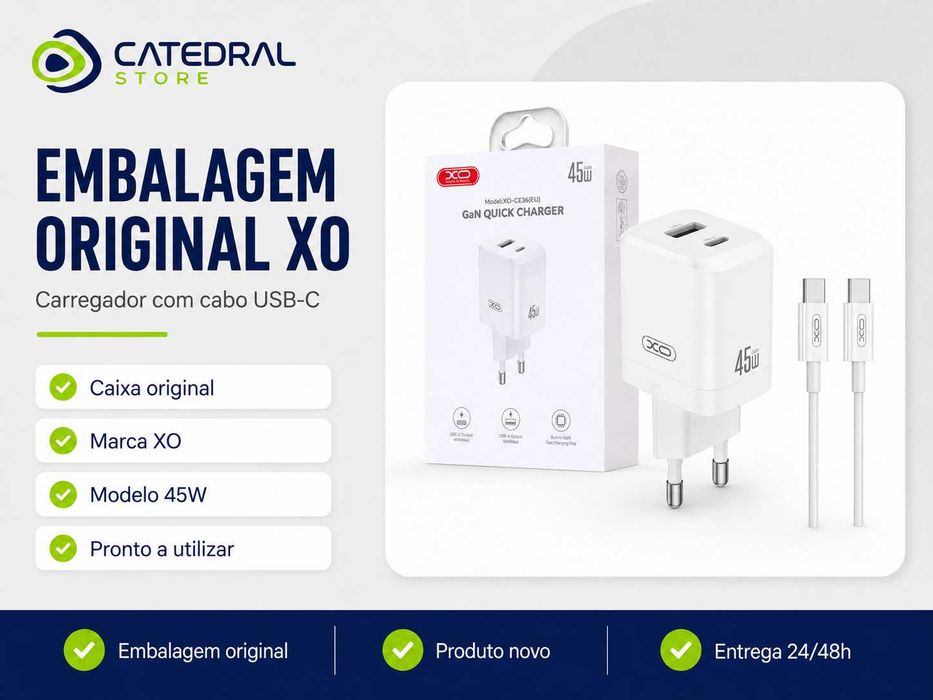 Carregador XO 45W GaN com Cabo USB-C – USB-C + USB-A – Novo