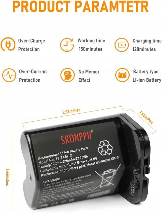 bateria zamienna 10,8v 2,2ah do irobot braava jet m6 litowo-jonowy