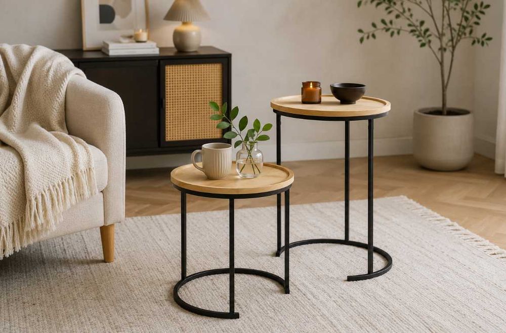 NOWY Zestaw 2x Stolik Kawowy Okrągły 2w1 Drewniany Stolik Loft Ława Stoliki Wsuwane do Salonu Lite Drewno Stoliki Kawowe Industrialny Pomocniczy FV