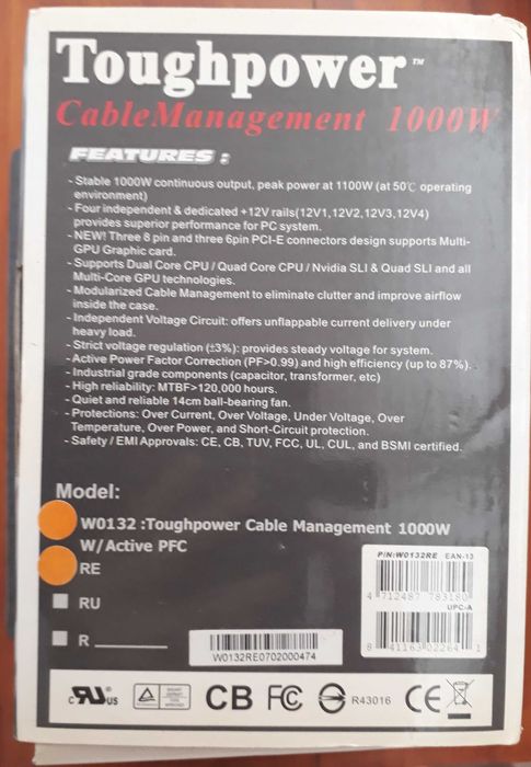Fonte de alimentação – Thermaltake Toughpower Cable Management 1000 W – W0132 - Active PFC