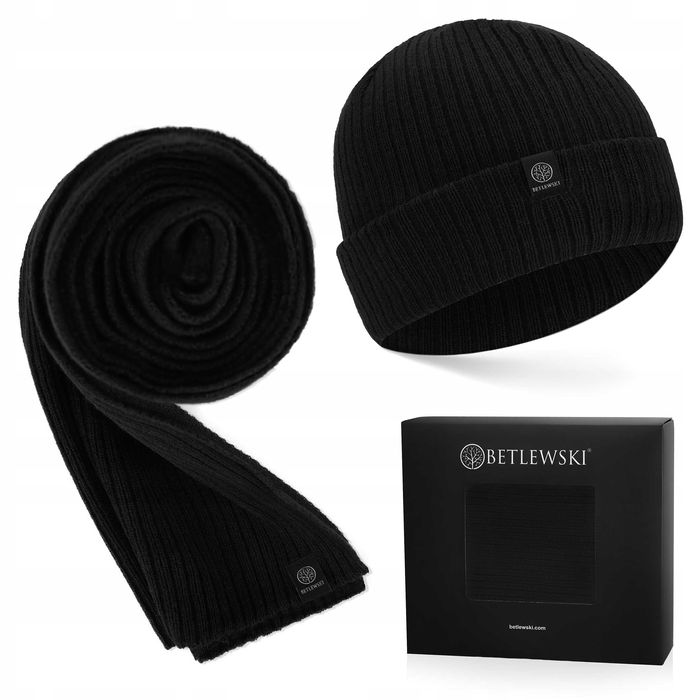 Zestaw Zimowy Męski BETLEWSKI Czapka + Szalik Czarny Ciepły Na Prezent
