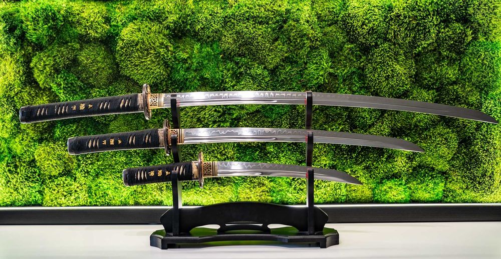 ZESTAW SAMURAJSKI 3w1 (Katana + Wakizashi + Tanto) Stal T10 | Naturalne Surowe Przepiękne Drewno Model: K4S + W4S + T4S3