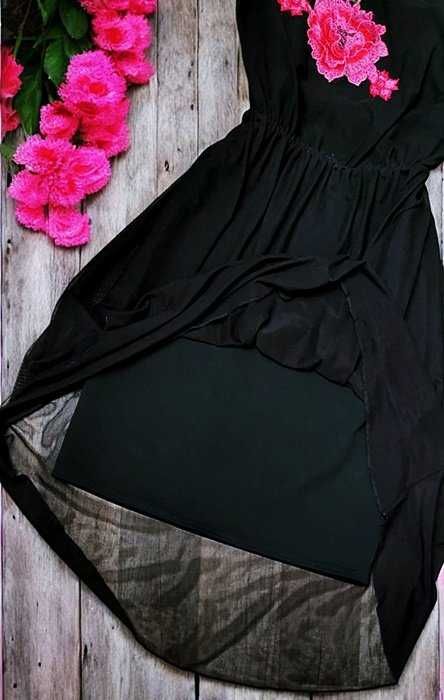 Czarna Sukienka Szyfonowa 2w1 Haftowana Kwiaty Elegancka Boho Gothic M