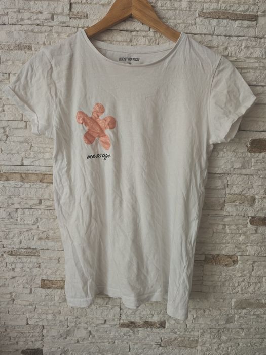 Biały t-shirt Destination 170 cm koszulka z kwiatkiem nadruk bawełna