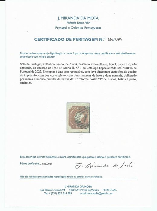Selos portugueses – D. Maria II, 5 reis, 1853, usado. Com certificado