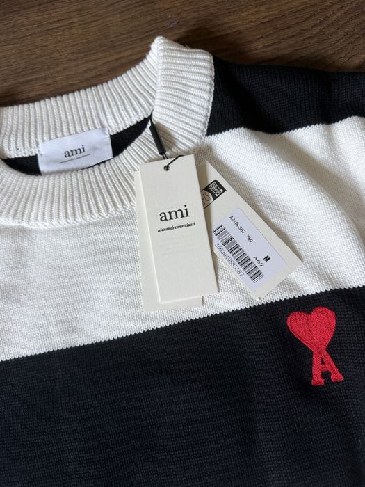 AMI Paris Sweter Paski Czarny Biały Heart Logo M Nowy z Metką