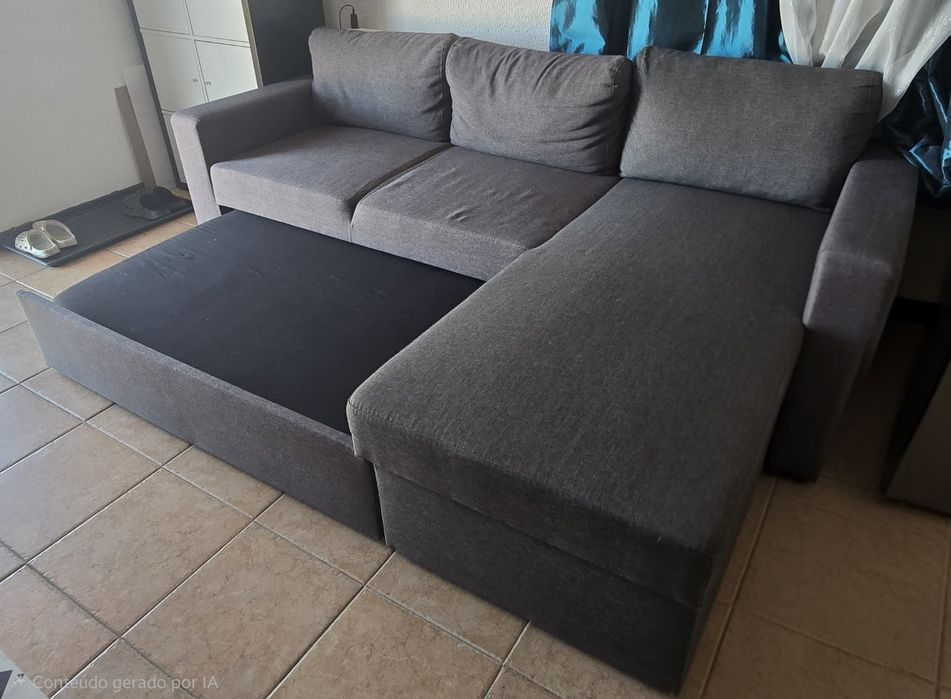 Sofá cama com chaise-lounge reversível e baú