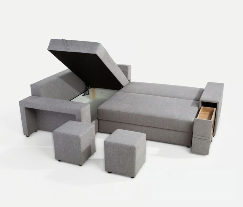 MADRYT Narożnik z pufami i barkiem, szary, prawy