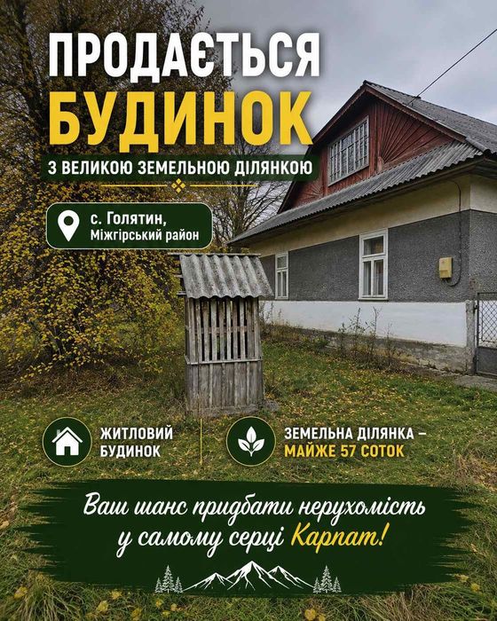Будинок с. ГОЛЯТИН Міжгірський р-н, 57 сот землі,  гарні краєвиди, госп.прибудови