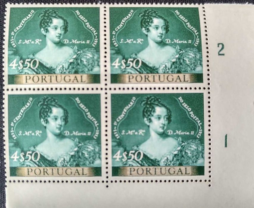 Quadra de selos novos de 4$50 - 1. Centenário do selo Português - 1953
