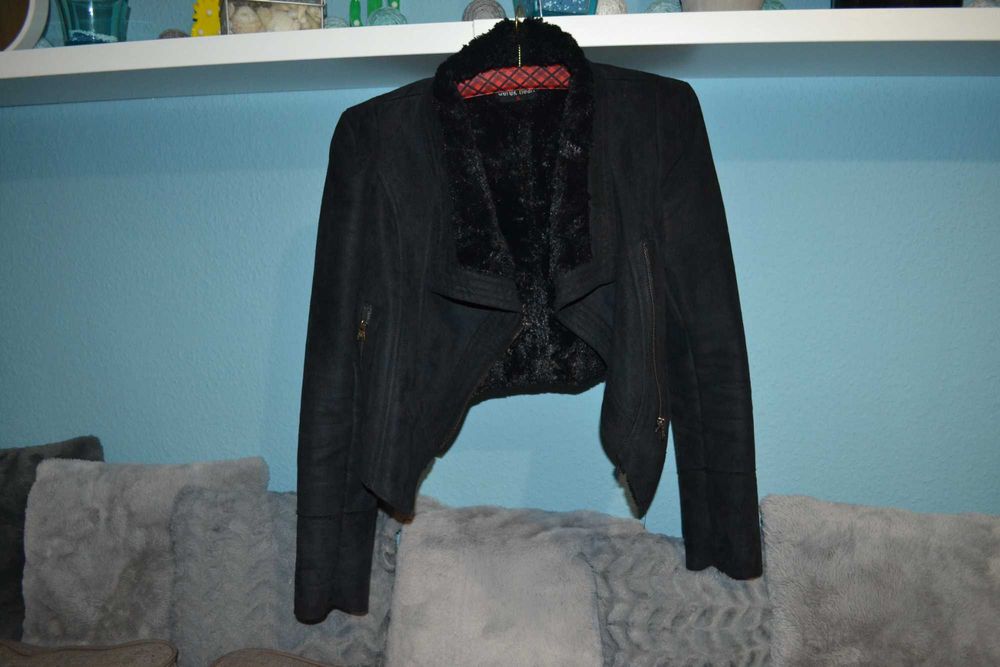 Ciepła kurtka krótka ramoneska zamsz XS 34 S 36 czarna ocieplana derek