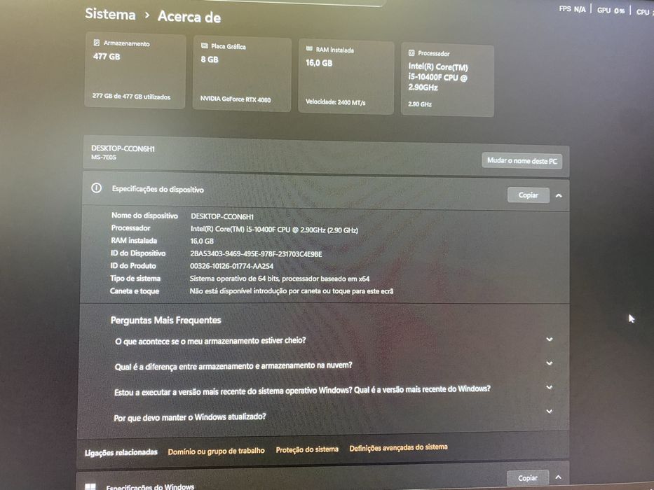Computador Gaming Intel i5-10400F 16GB RTX 4060
