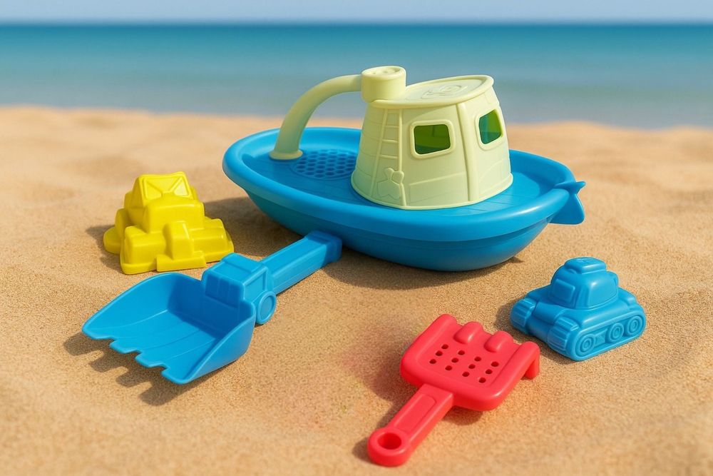 Plażowy zestaw do zabawy 5 elementów łódka łopatka grabki 2 foremki