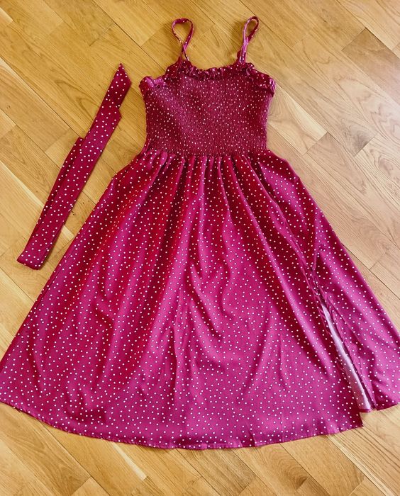 Letnia sukienka midi 36 , S bordowa w kropki