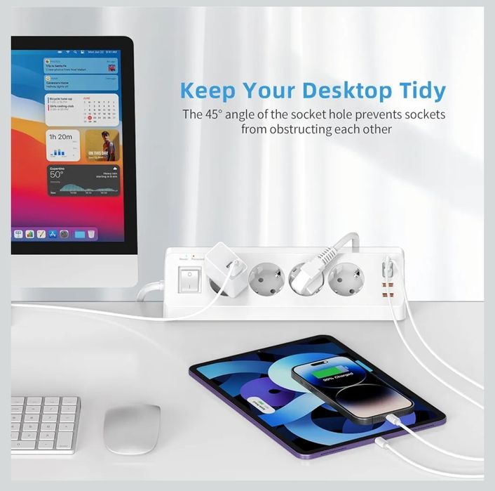 Gniazdo stołowe z USB C (PD 20 W), listwa zasilająca 8 w 1