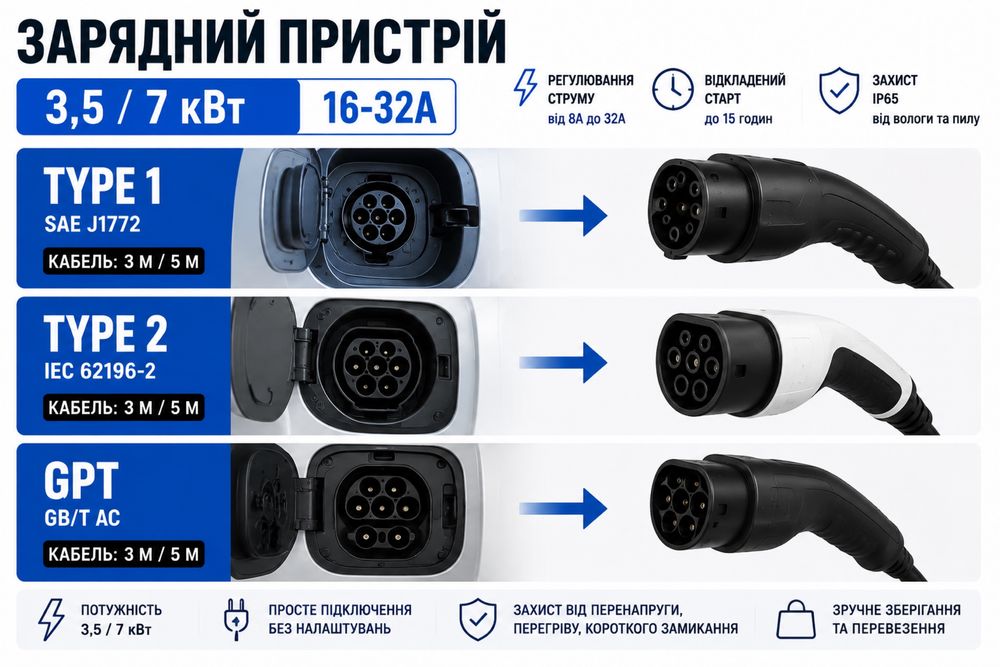 Зарядний пристрій EV Charger 3,5-7 кВт 16-32A ype 1Туре 2 GB/T 3-5 м
