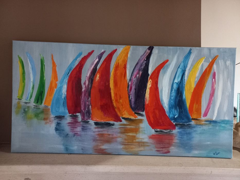 Pintura a óleo com barcos  na regata