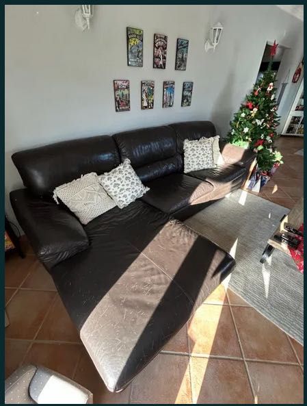 Sofá grande de pele, 5 lugares com chaise longa