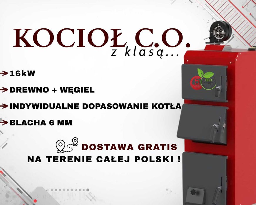 KOCIOŁ PIEC 16 kW drewno + węgiel, 4 kanały, DUŻY ZASYP, DOSTAWA 48H
