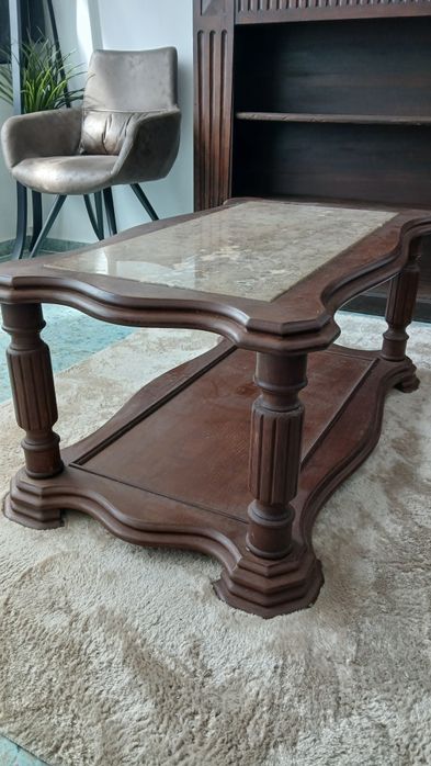 Mesa baixo pedra mármore e madeira maçiça