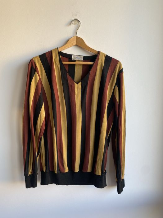 Sweter w beżowe brązowe pasy dekolt v tennis S 36 vintage Lacoste