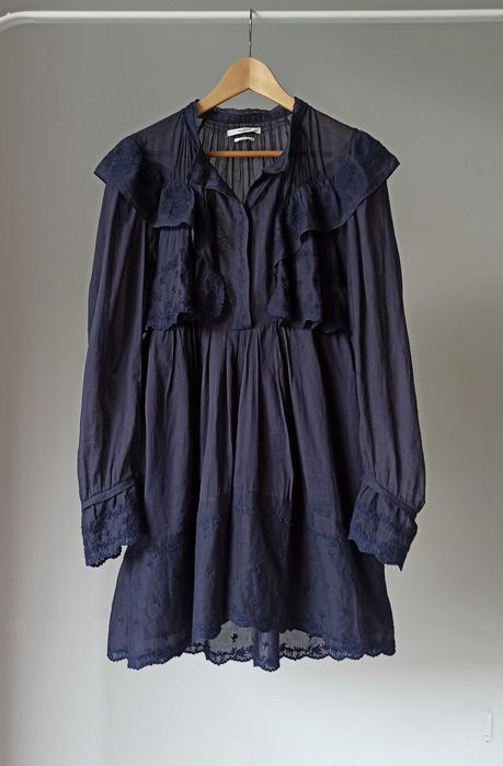 Isabel Marant Etoile krótka sukienka mini granatowa boho fabany haft XL L