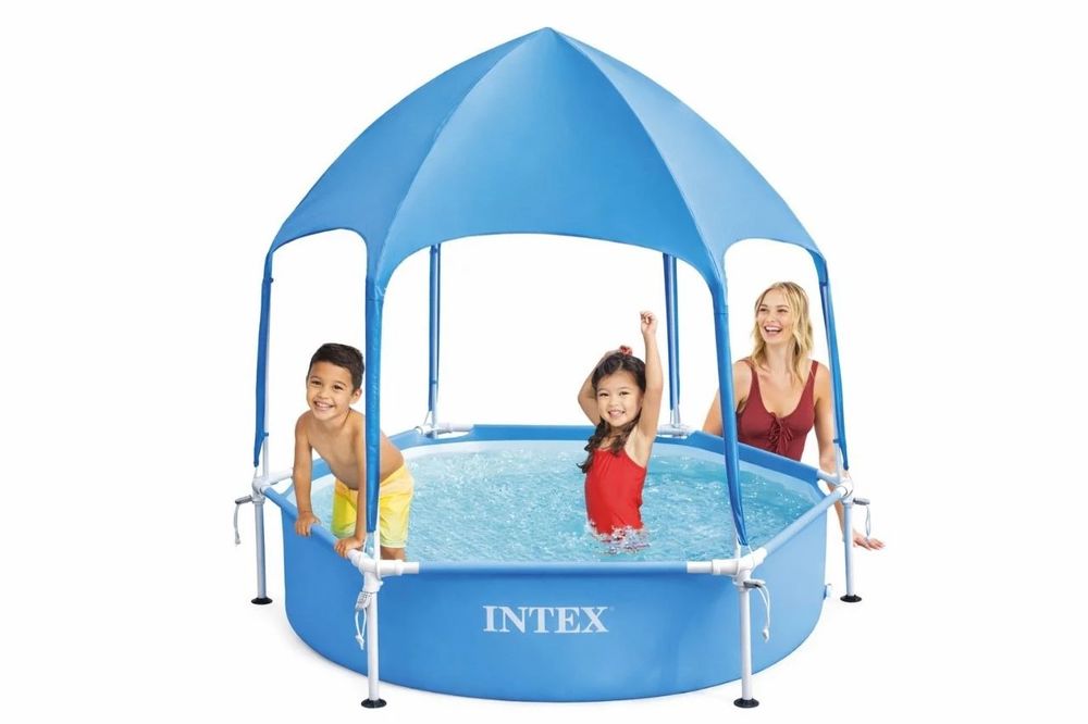Каркасний дитячий басейн Intex 28209 (183×38 см) блакитний з навісом дашком душем фонтаном круглий для дітей