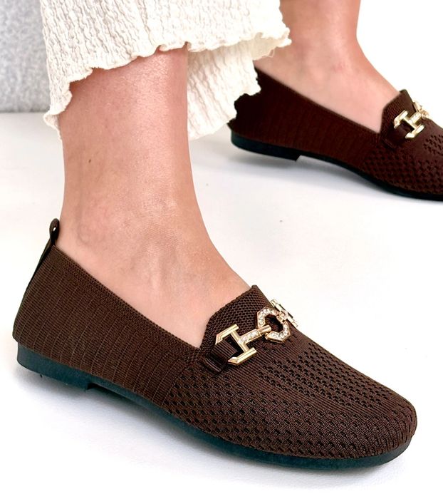 Brązowe Materiałowe Mokasyny Ze Złotą Ozdobą Mathilde