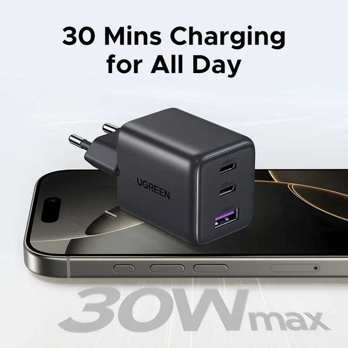 Зарядний пристрій UGREEN X515 GaN 30W Fast Charger (3-портовий, USB-C x2 + USB-A)