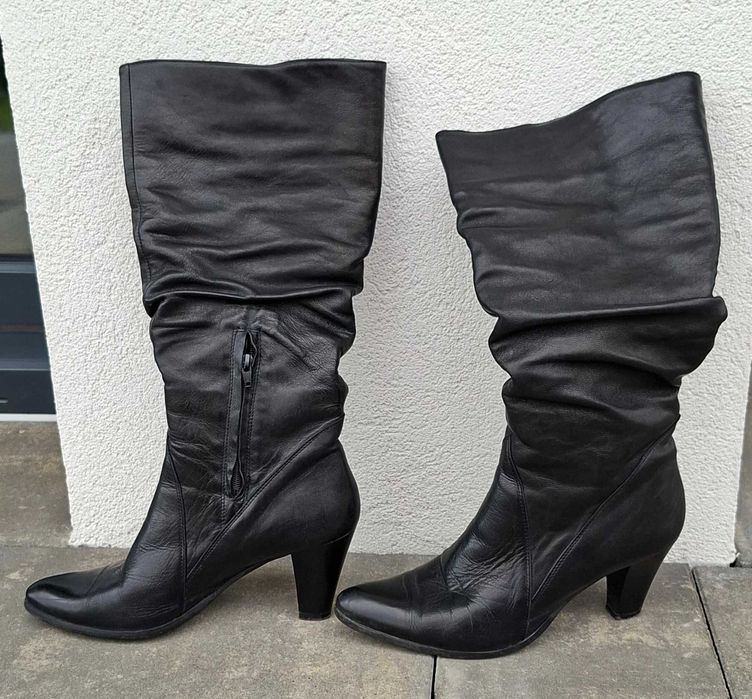 Czarne marszczone kozaki na obcasie ze skóry naturalnej 39 ocieplone