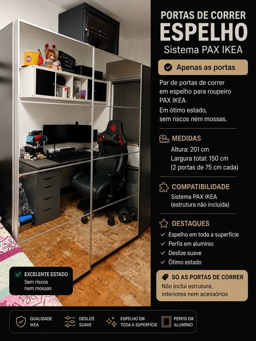 Portas de correr PAX IKEA em espelho (150x201) – como novas