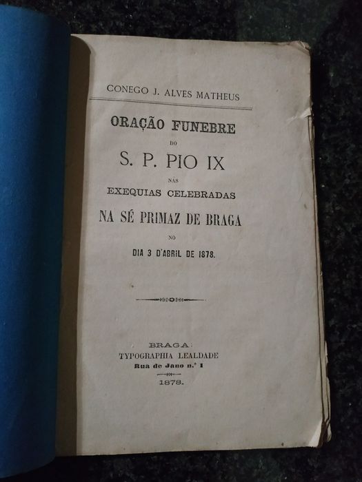 Livro Oração Fúnebre do S.P.Pio IX de 1878