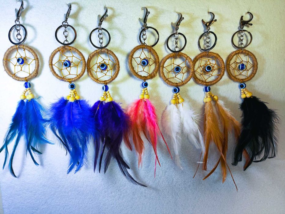 Chaveiro apanhador de sonhos feito à mão pena olho Grego bolsa boho amuleto